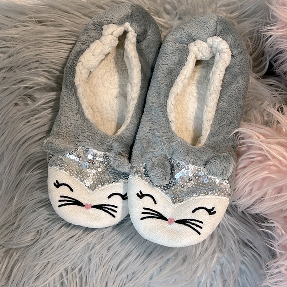 Kitty Cat Slippers Gray Plush Sequins House Shoes Lounge Dorm Womens 8 9 - Picture 2 of 7